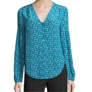 Veronica Beard Teal Blue Printed V-Neck Blouse